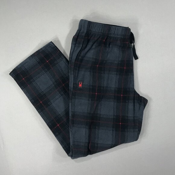 Spyder Pants Men's XL Gray Black Plaid Pull On Pajamas Lounge Fleece Drawstring - Picture 1 of 12